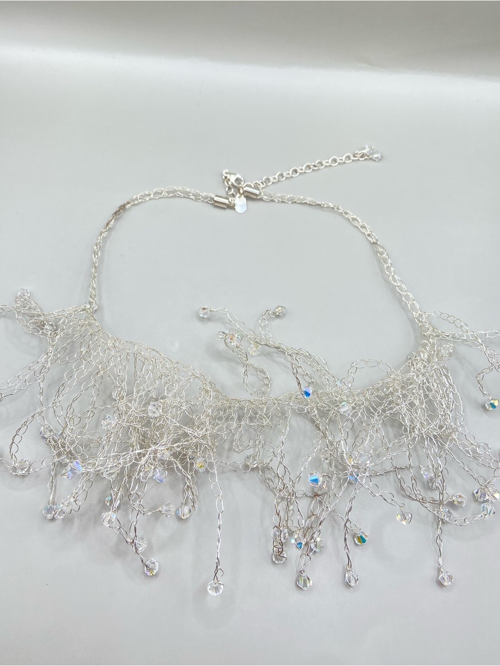Wendy Tabb Silver Mesh Crystal Bib Necklace